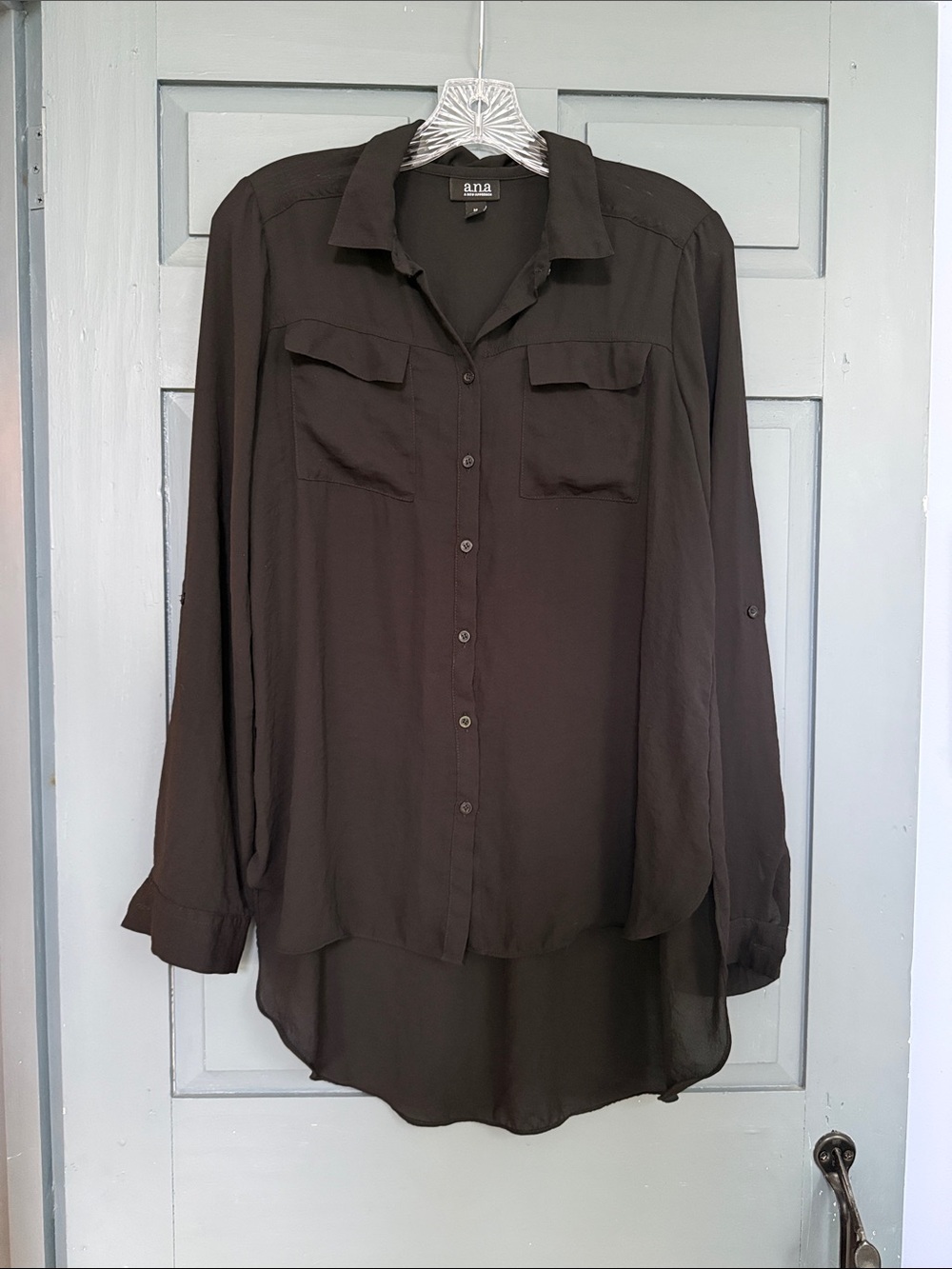 ana Lightweight Button-Down Semi-Sheer Blouse in Dark Black